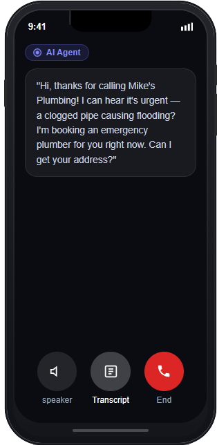 Sample AI reception call workflow showing an AI agent responding to an urgent plumbing inquiry