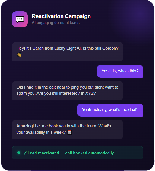 Sample reactivation workflow showing an automated conversation that reconnects with a dormant lead