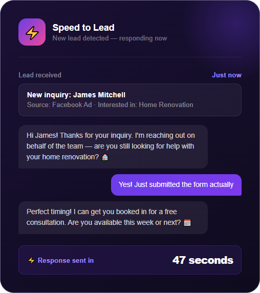 Sample speed-to-lead workflow showing a new inquiry and a response sent in 47 seconds