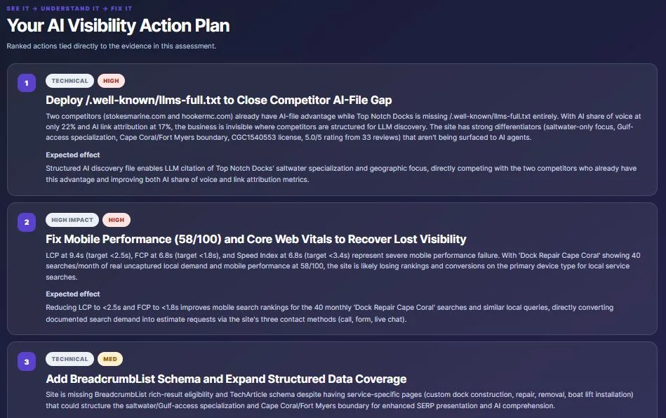 Sample AI visibility action plan with ranked technical and performance recommendations