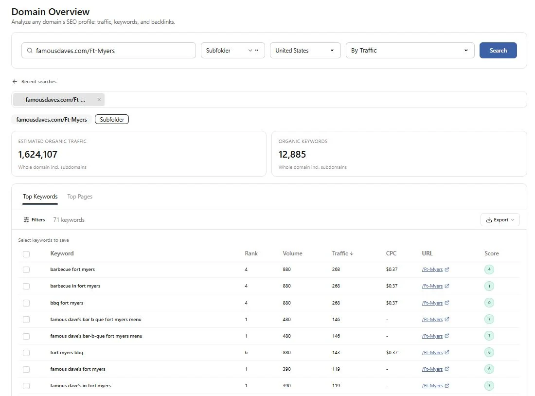 Sample keyword monitoring dashboard showing organic traffic, keywords, ranks, search volume, traffic, CPC, URLs, and scores