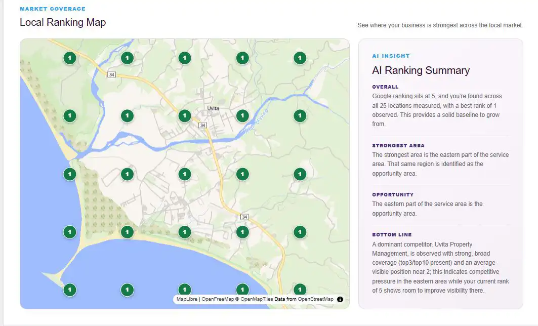 Sample local ranking map showing geographic ranking points and an AI ranking summary